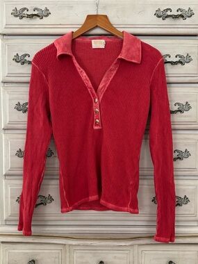 Nation Red Ribbed Henley Top